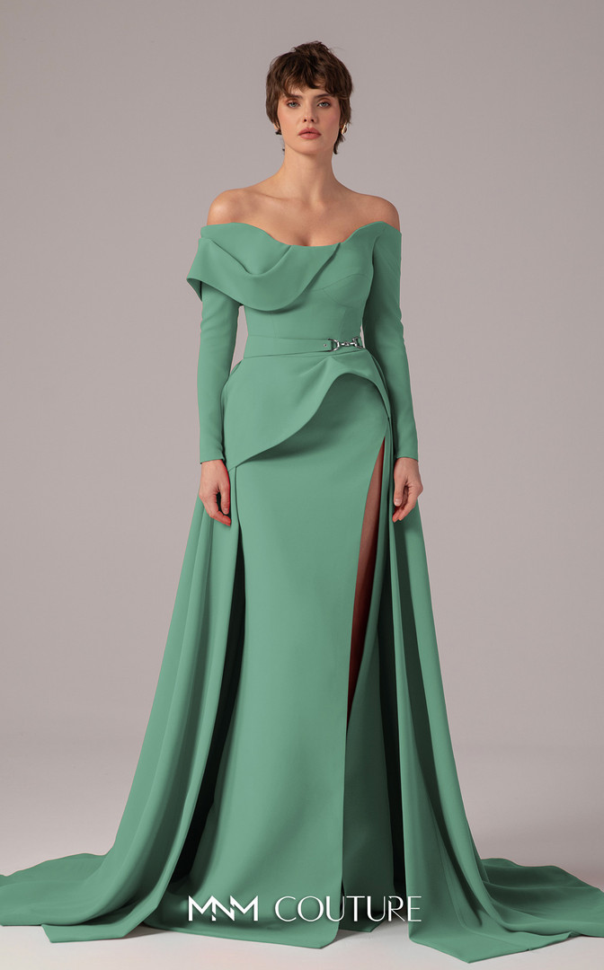 MNM Couture E0099 Crepe Off Shoulder Long Sleeves Long Dress