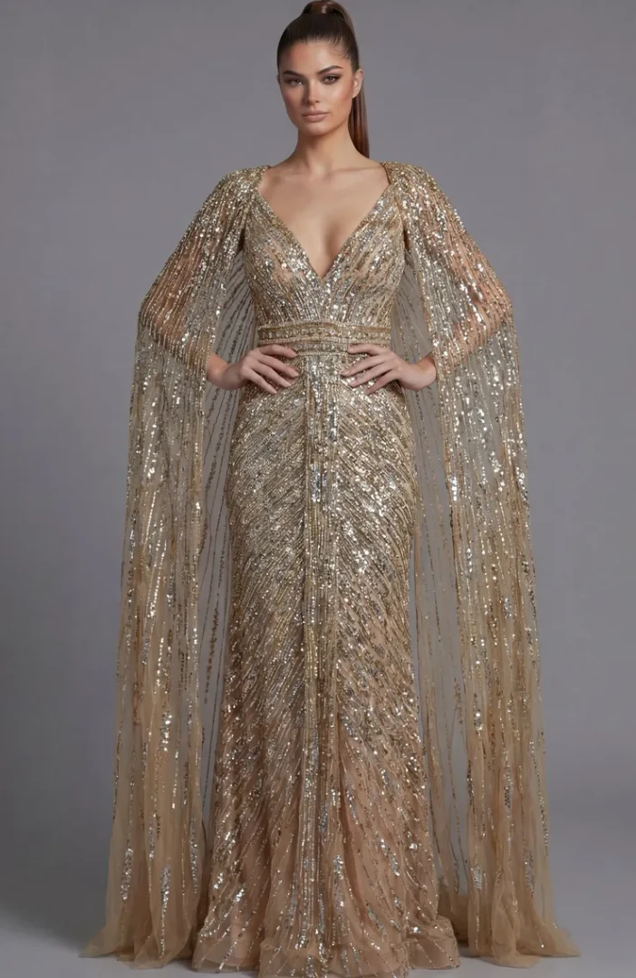 Jovani 36358 Beaded V-neckline Drop Sleeves Evening Gown