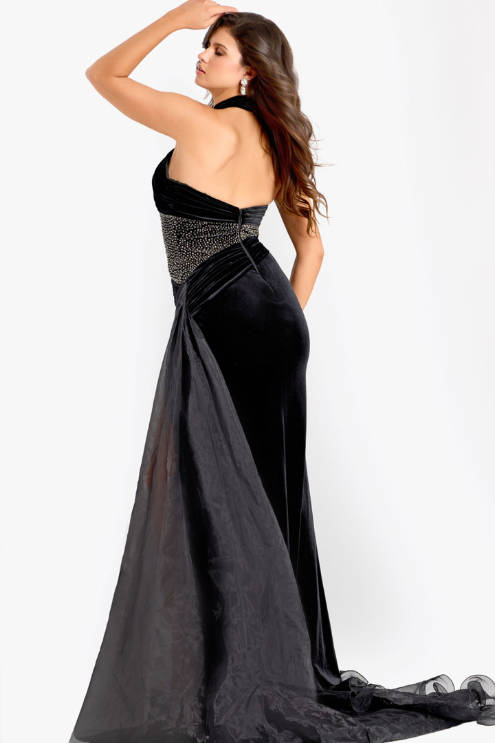 Jovani 48087 Velvet Beaded Halter Neckline Evening Gown
