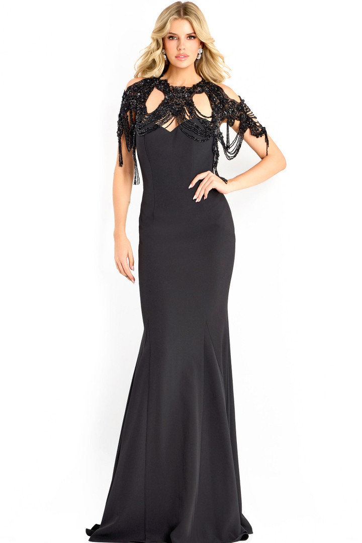 Jovani 45442 Jersey Beaded Lace Shoulder Cape Fitted Gown