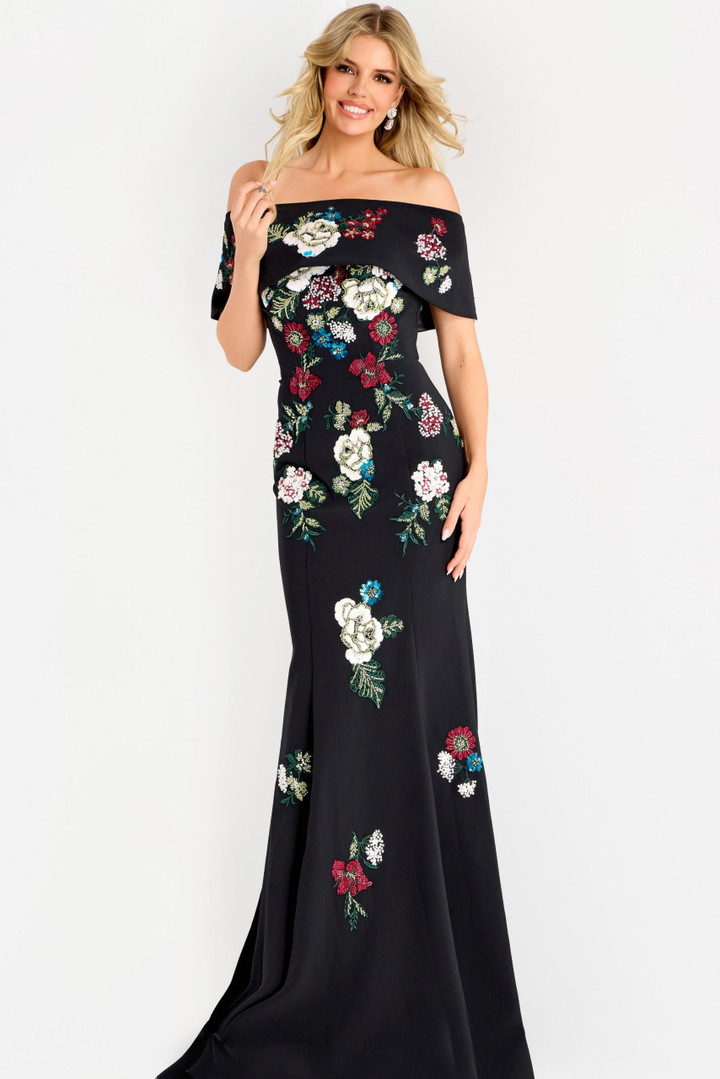 Jovani 47636 Crepe Floral Embroidered Off Shoulder Long Gown