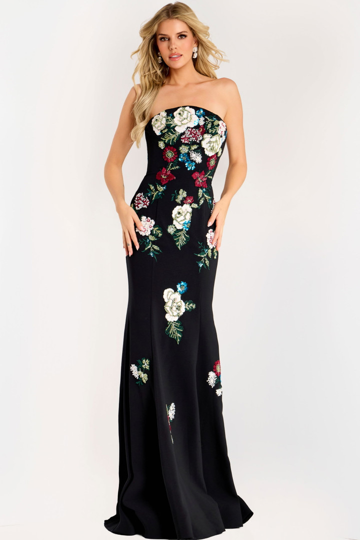 Jovani 47636 Crepe Floral Embroidered Off Shoulder Long Gown