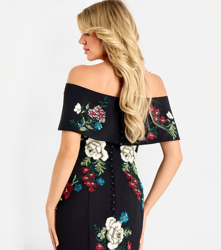 Jovani 47636 Crepe Floral Embroidered Off Shoulder Long Gown