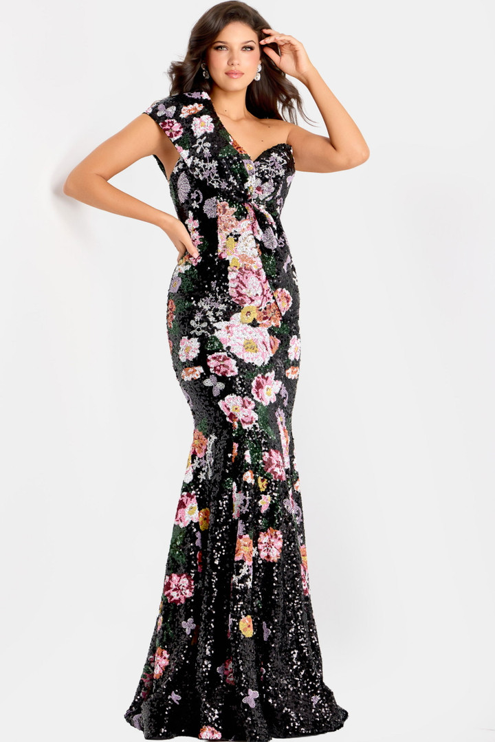 Jovani 48638 Floral Sequin Embroidery One-Shoulder Long Gown