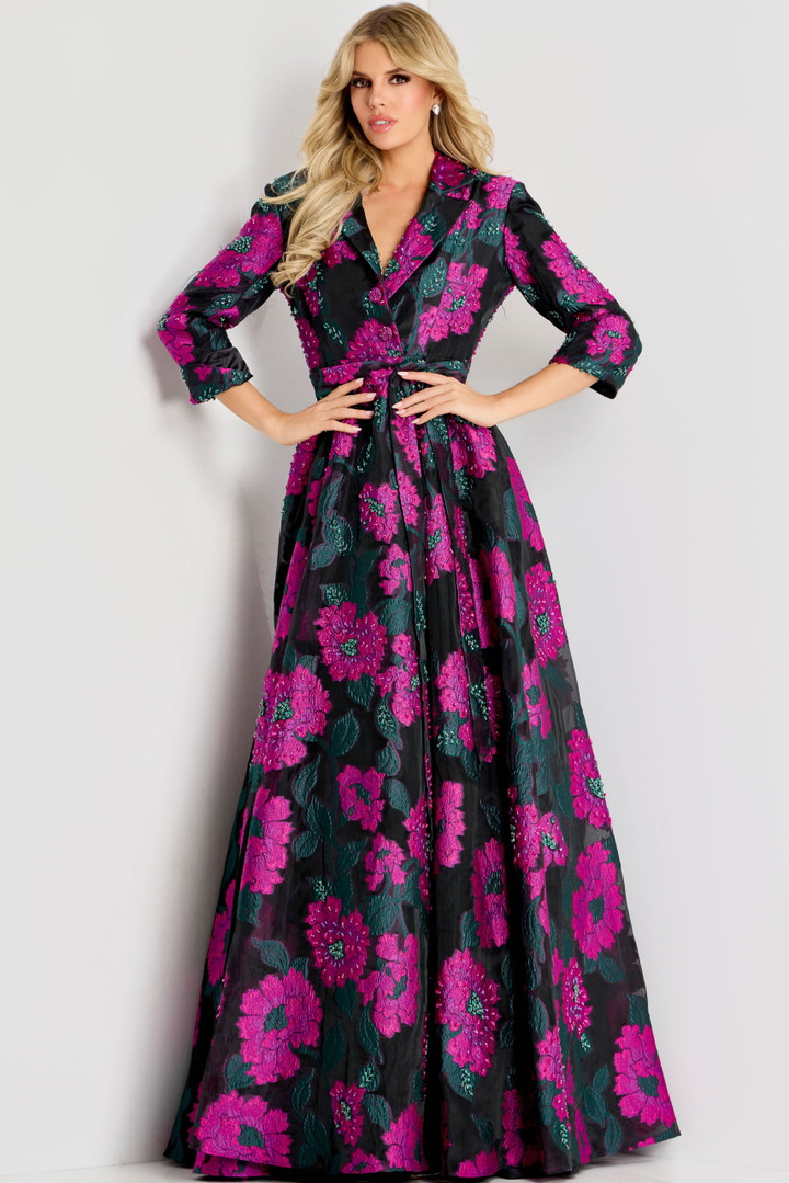 Jovani 44716 Floral Beaded Collar Neckline Long Sleeve Gown
