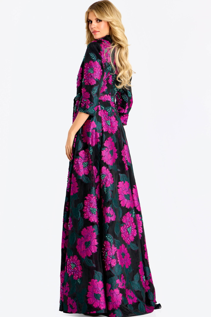 Jovani 44716 Floral Beaded Collar Neckline Long Sleeve Gown