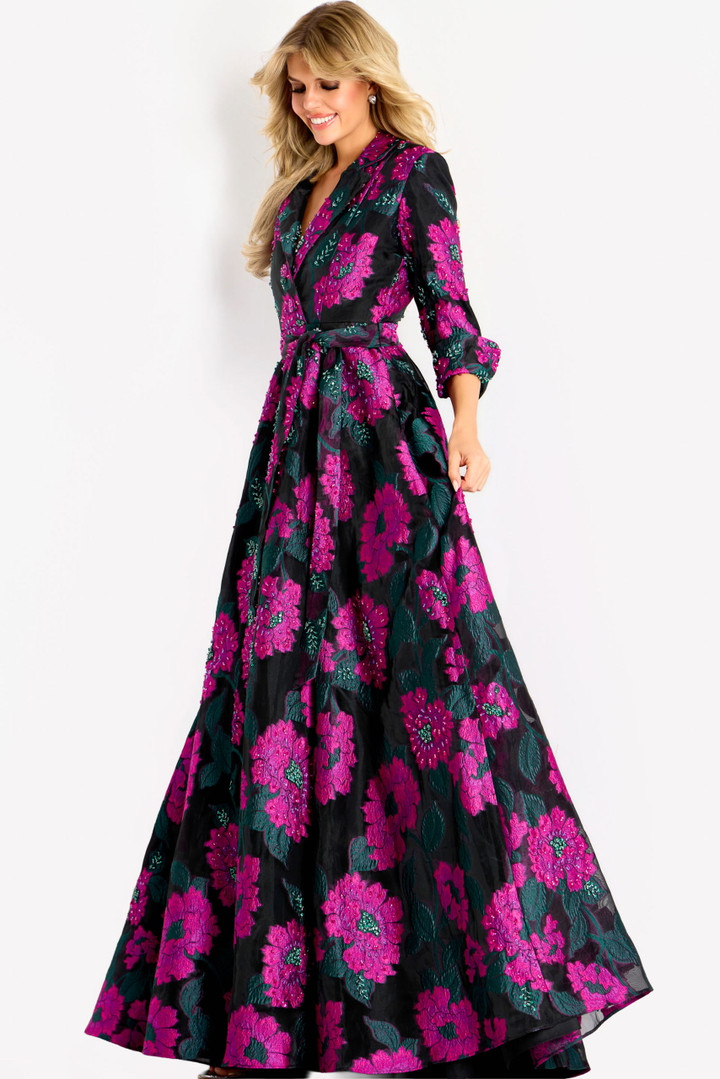 Jovani 44716 Floral Beaded Collar Neckline Long Sleeve Gown