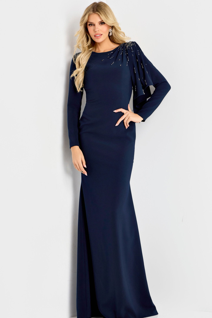 Jovani 46738 Crepe Long Sleeve Draped Shoulder Cape Gown