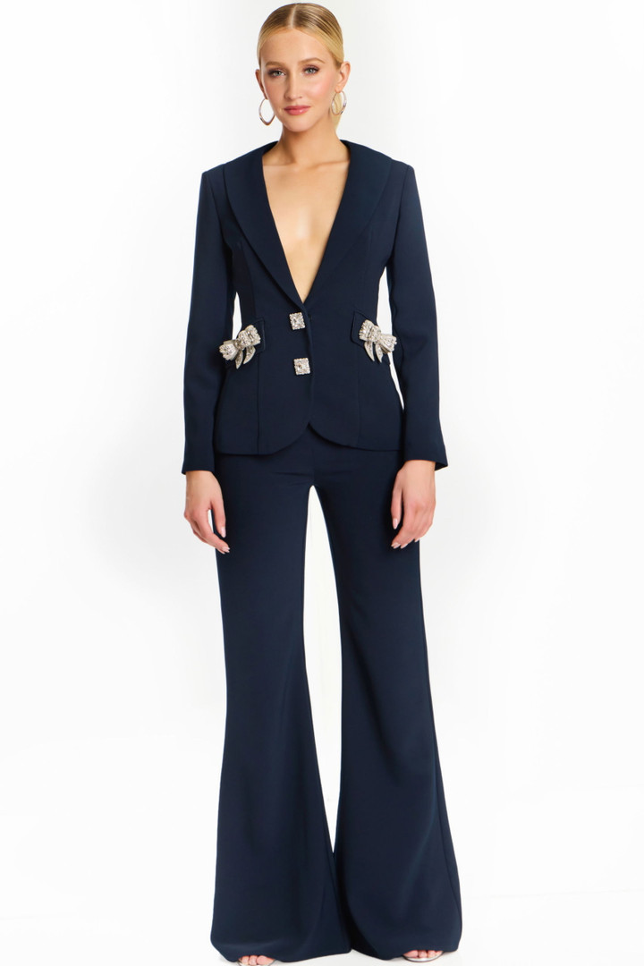 Jovani 47615 Crepe Crystal Embellished Bows Tuxedo Pantsuit