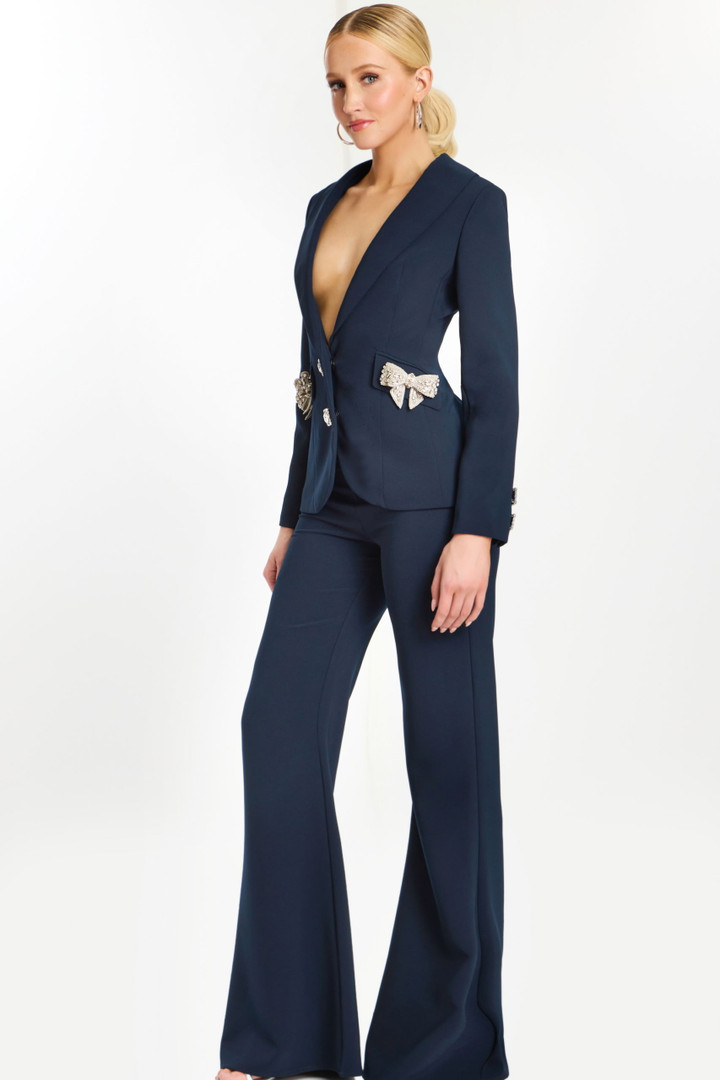 Jovani 47615 Crepe Crystal Embellished Bows Tuxedo Pantsuit