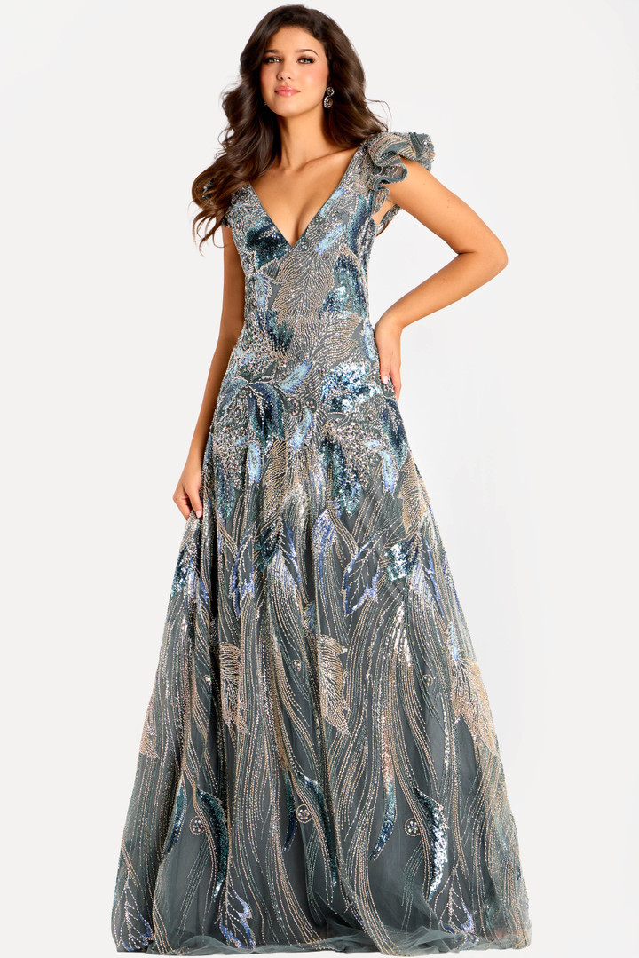 Jovani 45942 Sequin Mesh V-Neckline Ruffled Cap Sleeves Gown