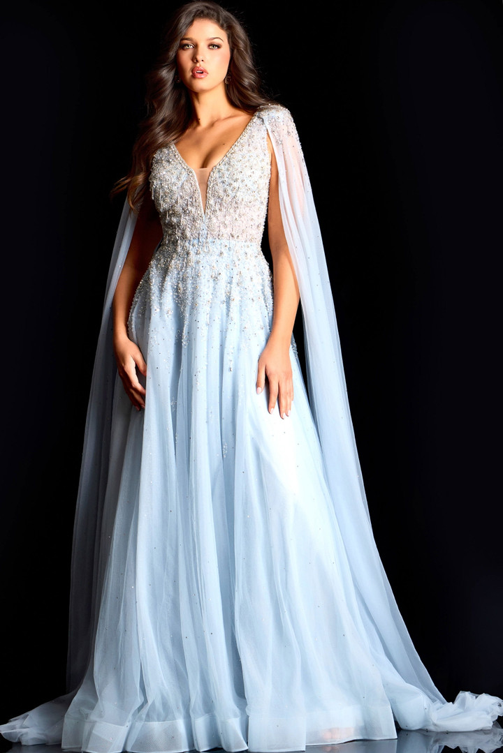 Jovani 45075 Beaded Mesh Tulle V-Neck Sheer Cape Sleeve Gown