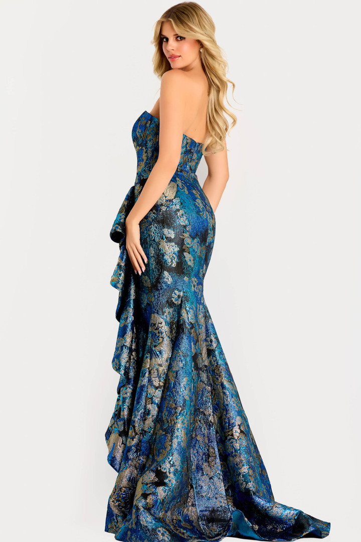 Jovani 48706 Metallic Jacquard Ruffled Strapless Long Gown
