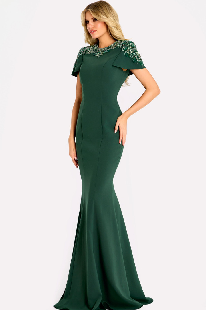 Jovani 45477 Beaded Round Neck Short Sleeve Evening Gown