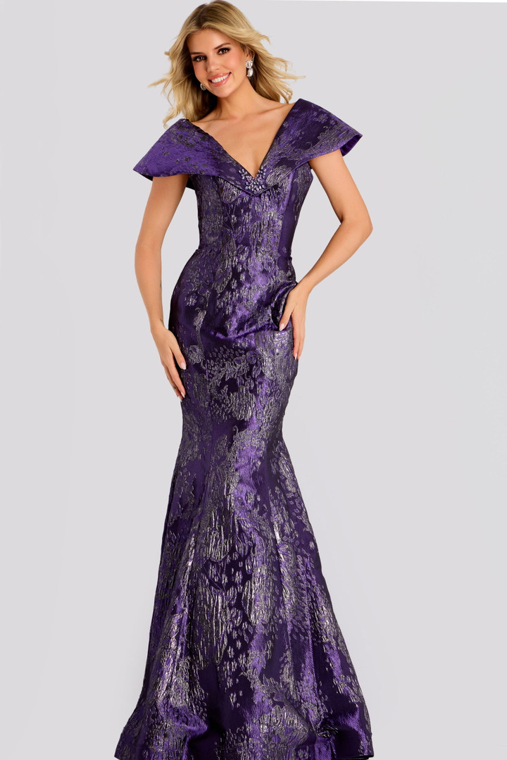 Jovani 48110 Brocade Metallic Jacquard Cap Sleeves Gown