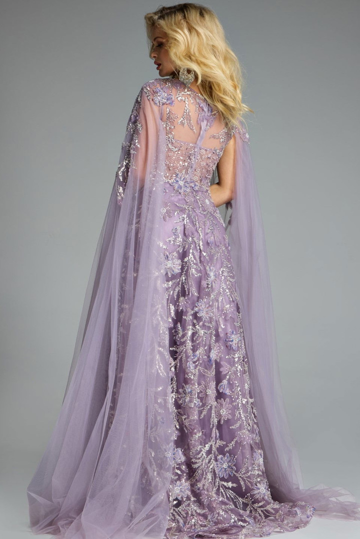 Jovani 43312 Illusion Floral Embroidery Cape Sleeves Gown