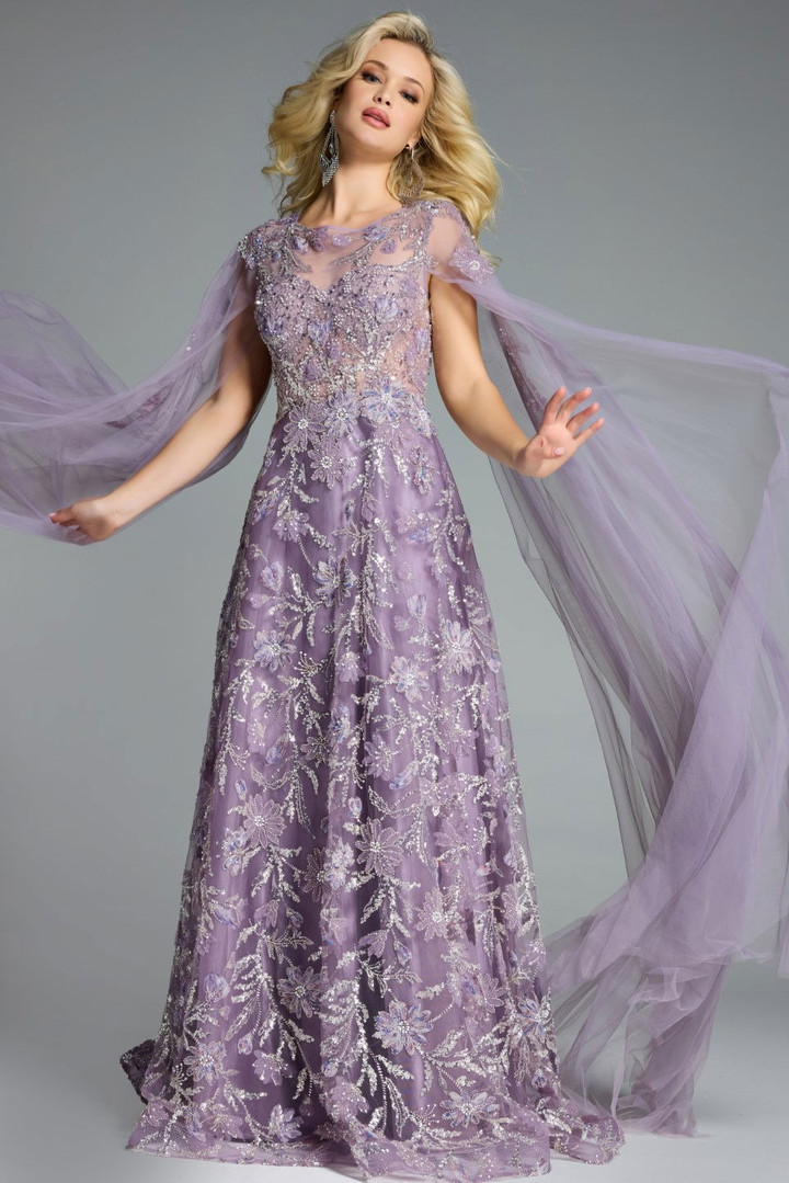 Jovani 43312 Illusion Floral Embroidery Cape Sleeves Gown
