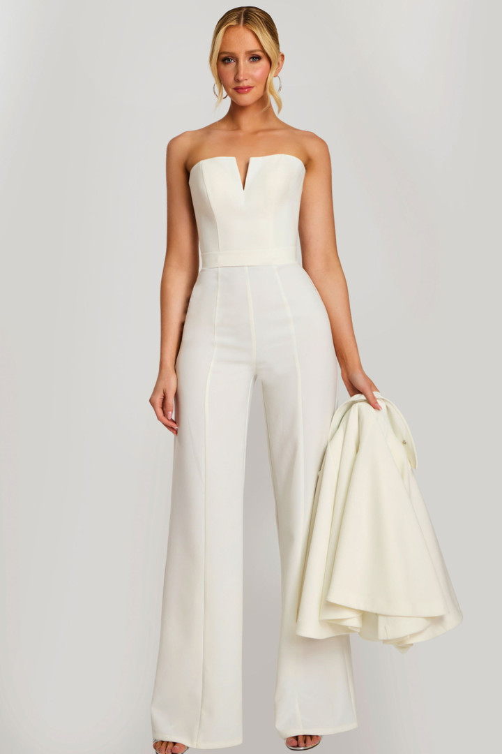 Jovani 46781 Crepe V-Notch Neckline Strapless Cape Jumpsuit