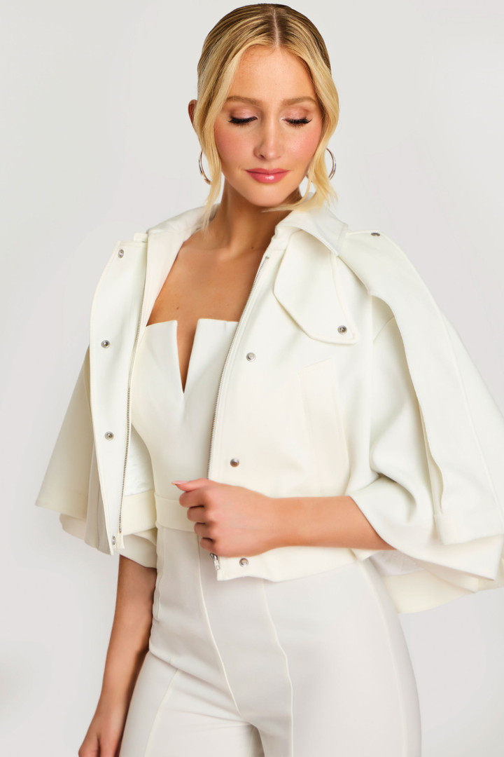 Jovani 46781 Crepe V-Notch Neckline Strapless Cape Jumpsuit