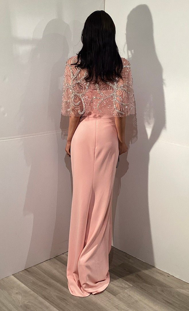 Jovani 45493 Beaded Strapless Sheer Cape Evening Gown