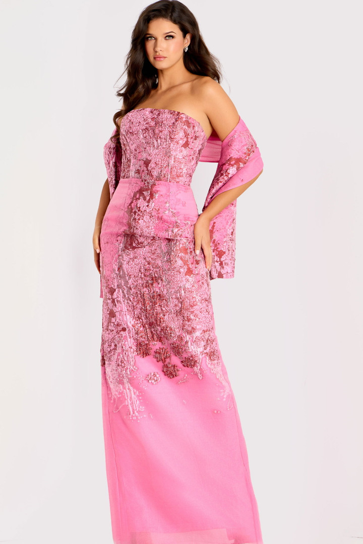 Jovani 46258 Metallic Brocade Embroidery Strapless Long Gown