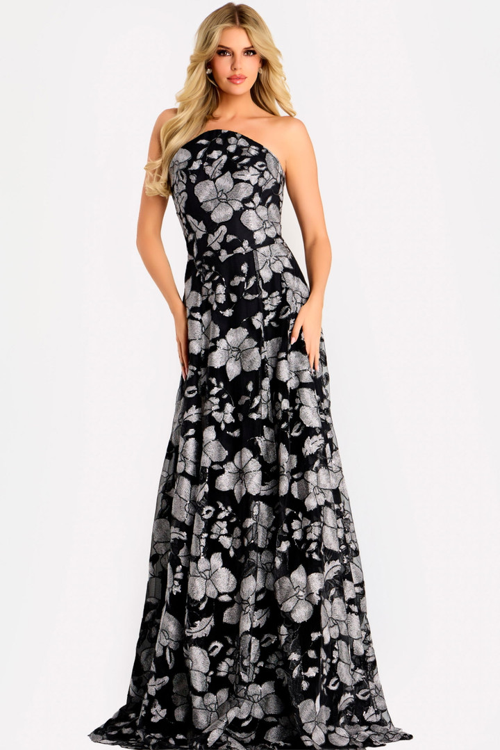 Jovani 48175 Metallic Jacquard Floral Strapless Evening Gown