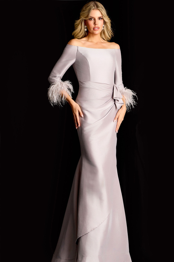 Jovani 45515 Satin Off Shoulder Feather Cuffs Evening Gown