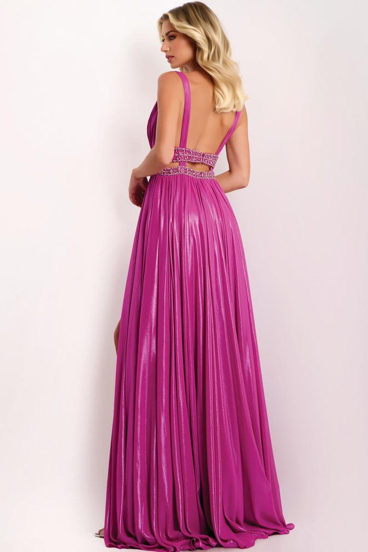Jovani 42817 Metallic Deep V-Neck Sleeveless Pleated Gown