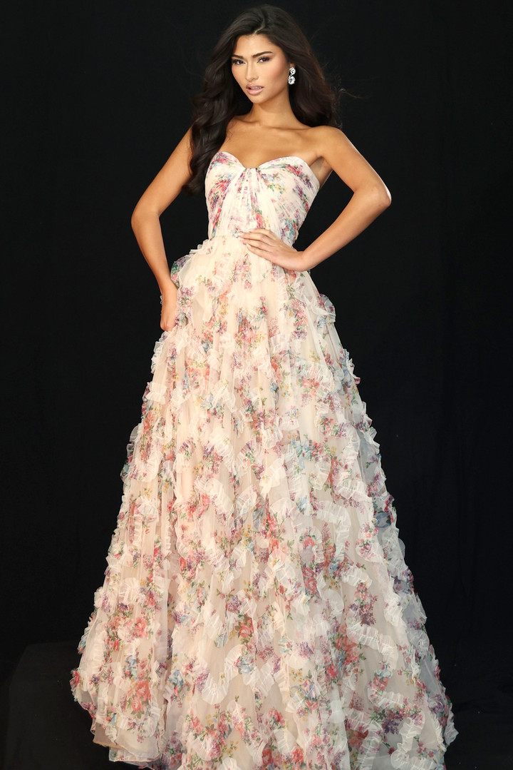Jovani 46783 Floral Printed Layered Ruffles Strapless Gown