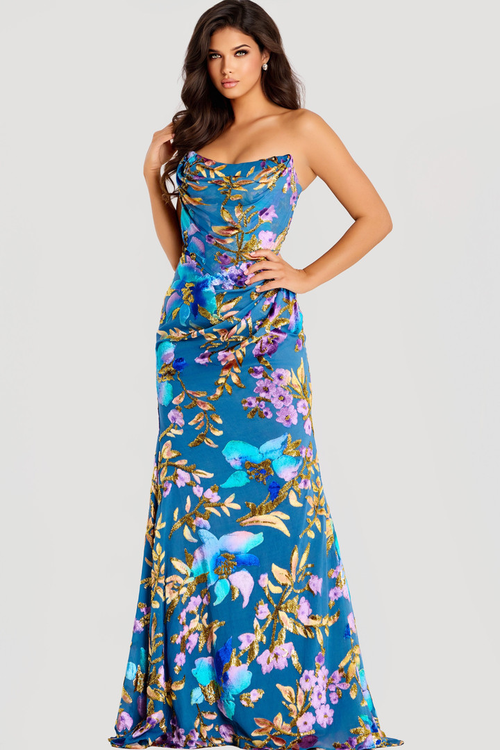 Jovani 47654 Stretch Satin Sequin Floral Cowl Neck Long Gown