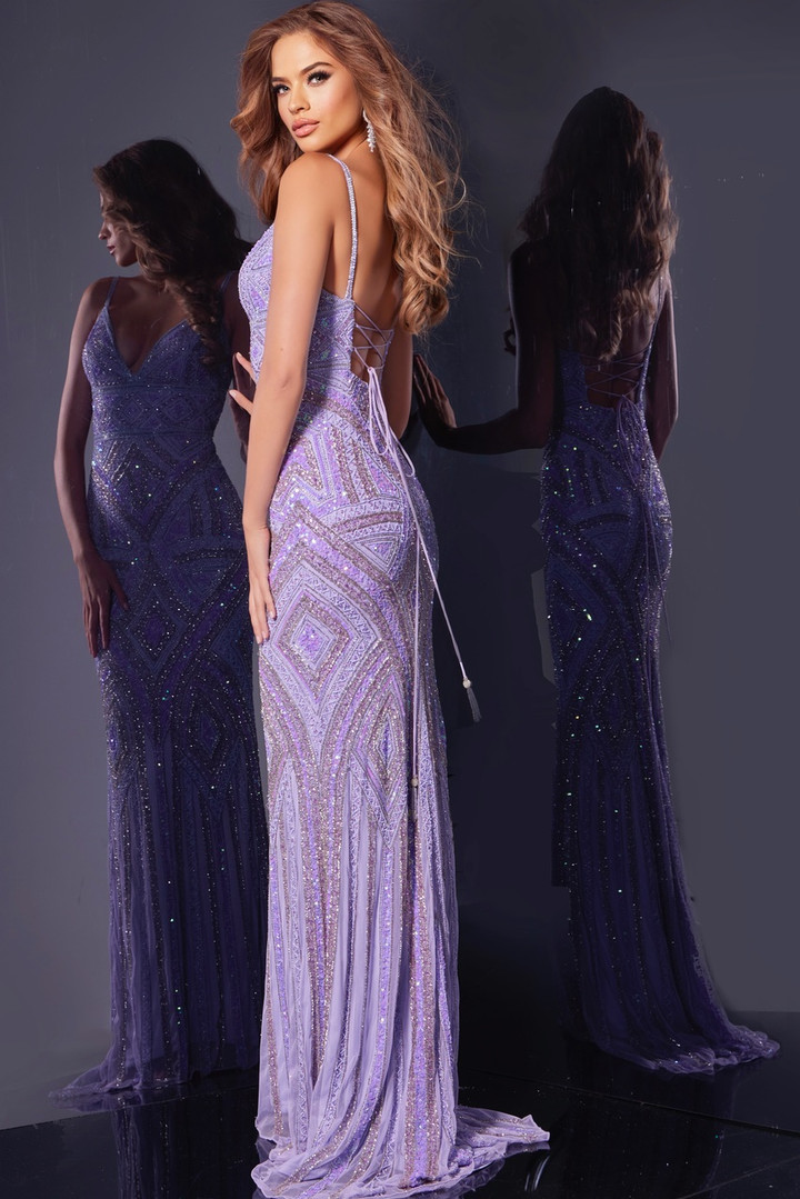 Jovani 38848 Sequin Beaded Spaghetti Straps V-Neck Long Gown