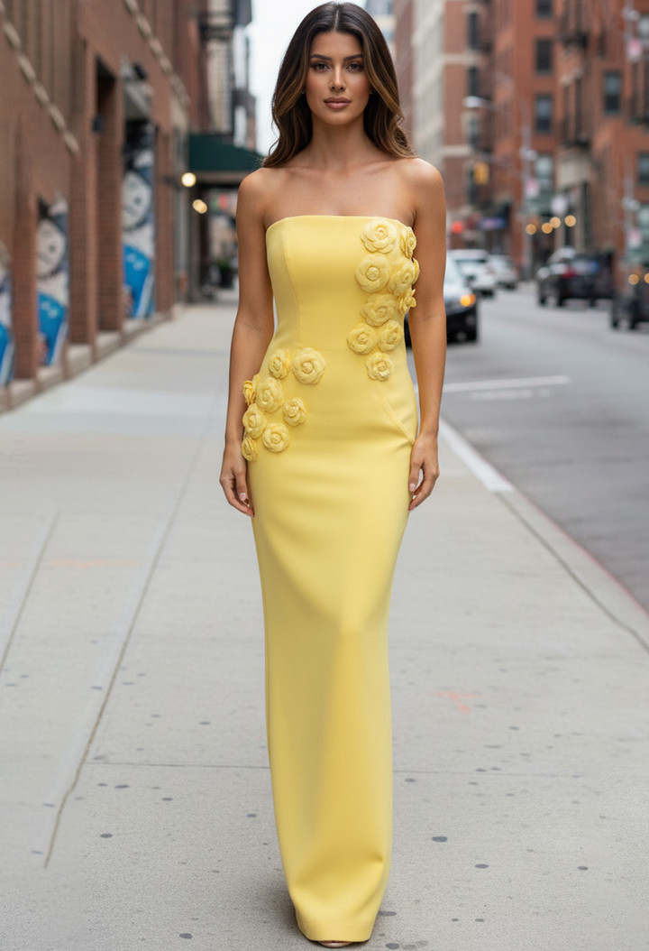 Jovani 46884 Crepe Straight Neck Floral Strapless Long Gown