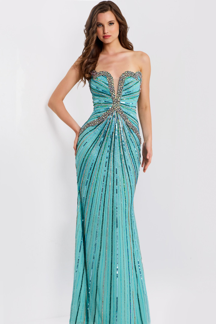 Jovani 49224 Beaded Mesh Sweetheart Neck Strapless Gown