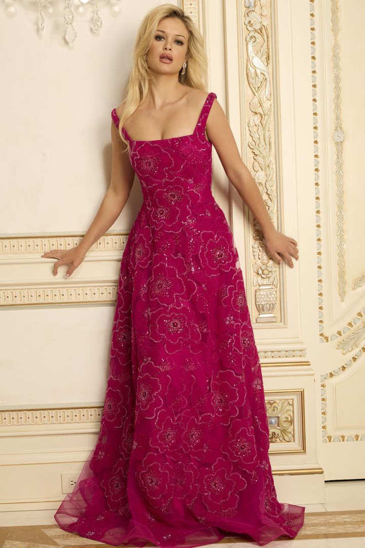 Jovani 46471 Floral Bead Embroidered Tulle Square Neck Gown