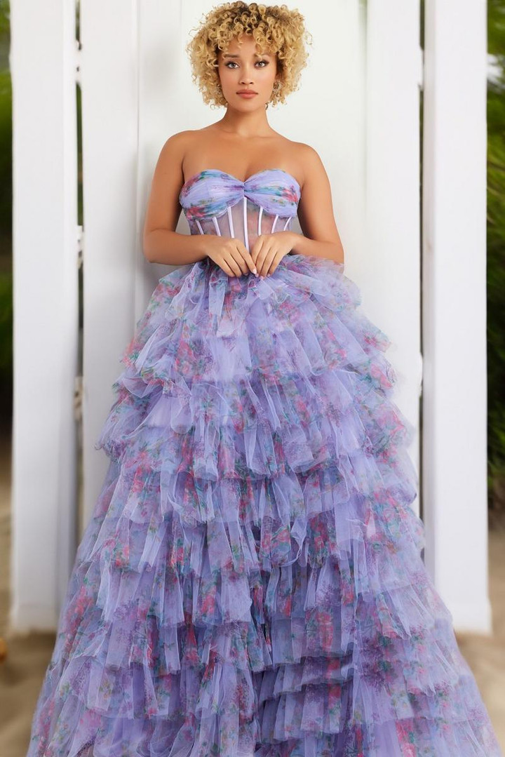 Jovani 39149 Print Sheer Tulle Layered Skirt Strapless Gown