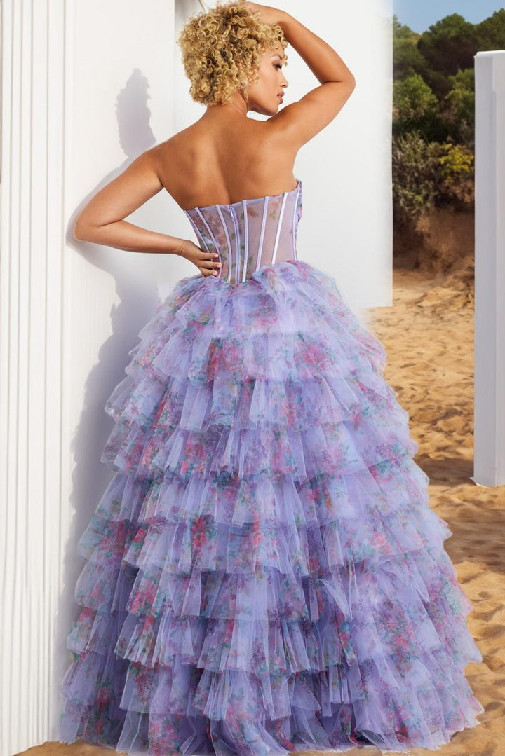 Jovani 39149 Print Sheer Tulle Layered Skirt Strapless Gown