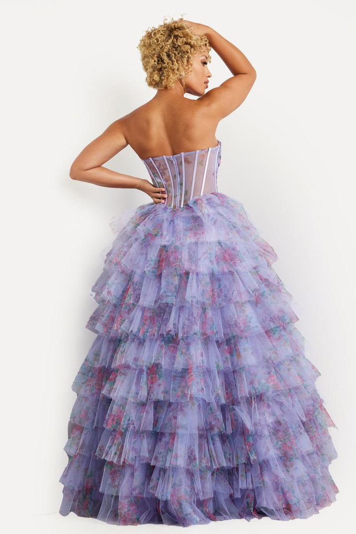 Jovani 39149 Print Sheer Tulle Layered Skirt Strapless Gown