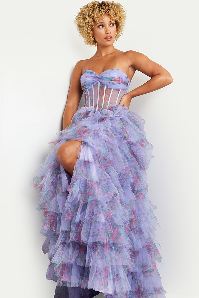 Jovani 39149 Print Sheer Tulle Layered Skirt Strapless Gown
