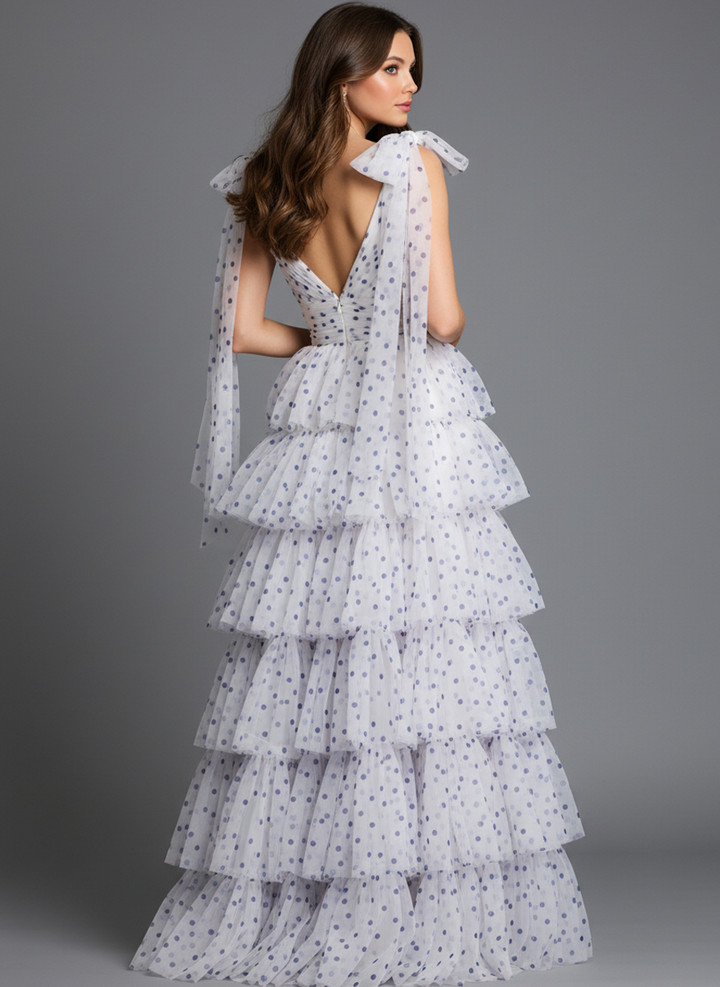 Jovani 49358 Tiered Ruffle Polka Dot V-Neck Sleeveless Gown