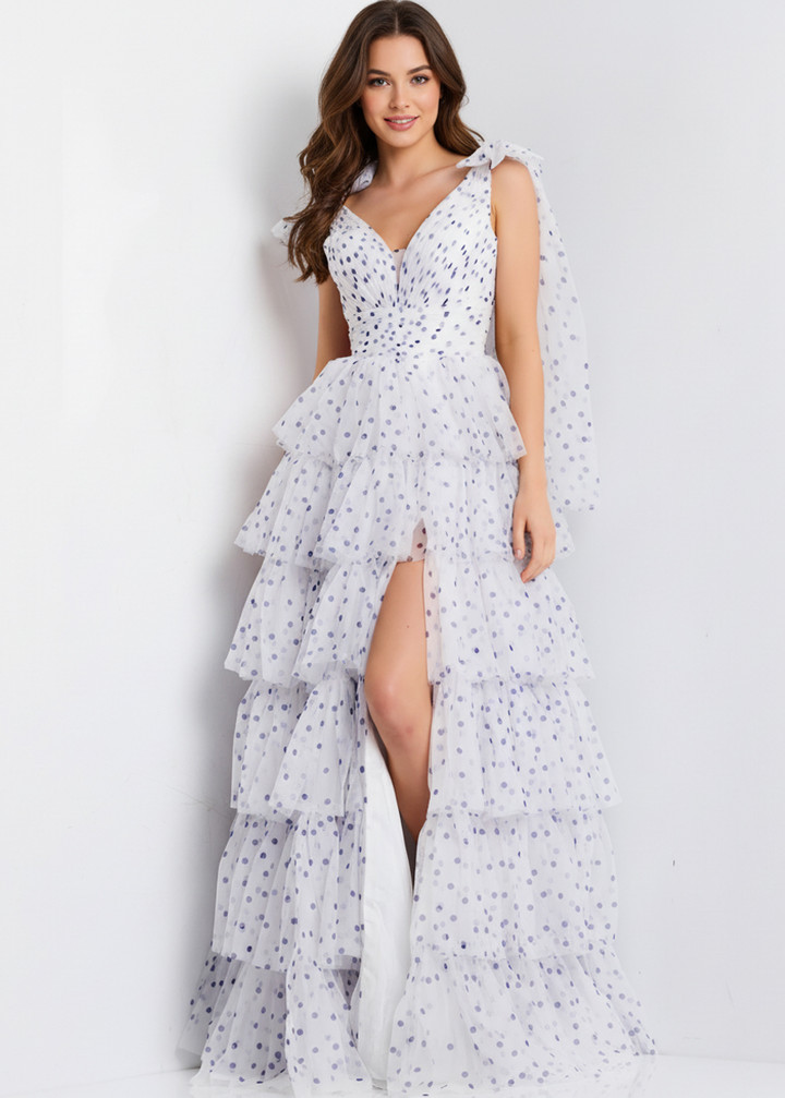 Jovani 49358 Tiered Ruffle Polka Dot V-Neck Sleeveless Gown