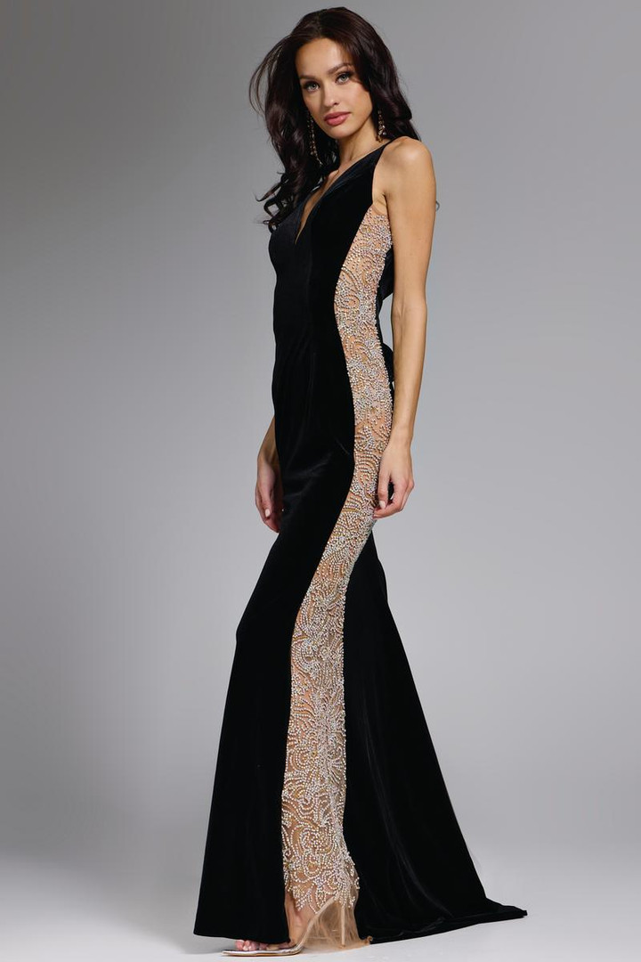 Jovani 42026 Velvet Embellished V-Neck Beaded Sides Gown