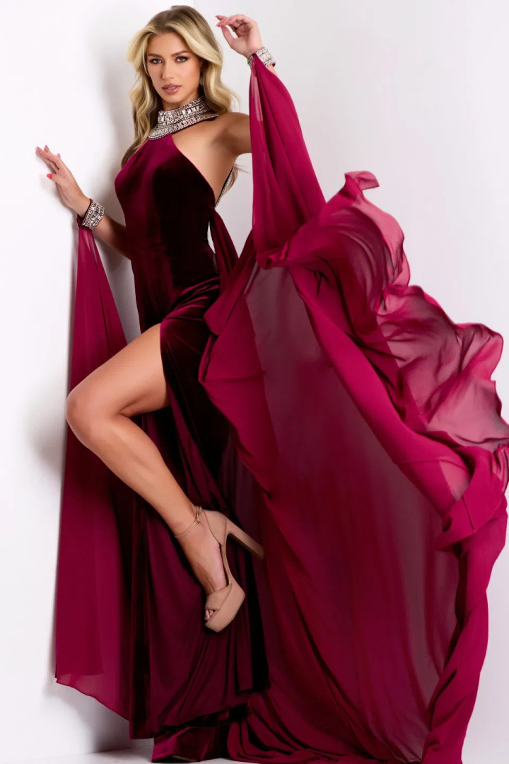 Jovani 43699 Velvet Halter High Neck Beaded Collar Long Gown