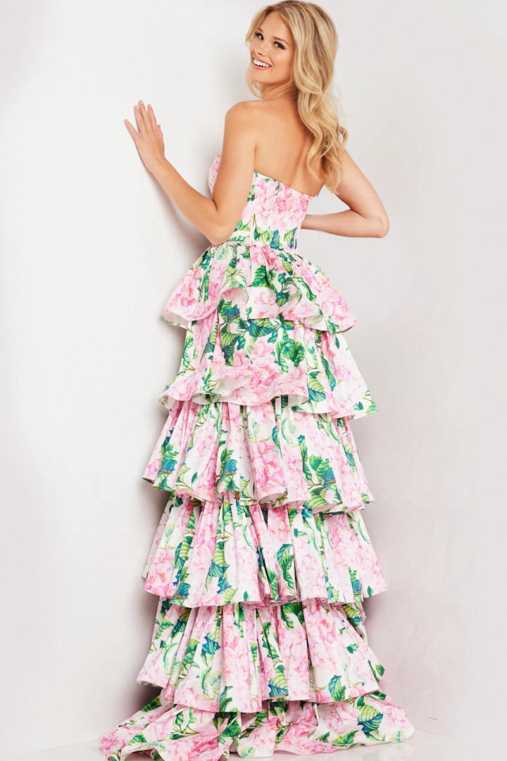 Jovani 37058 Satin Floral Print Ruffles Strapless Long Gown
