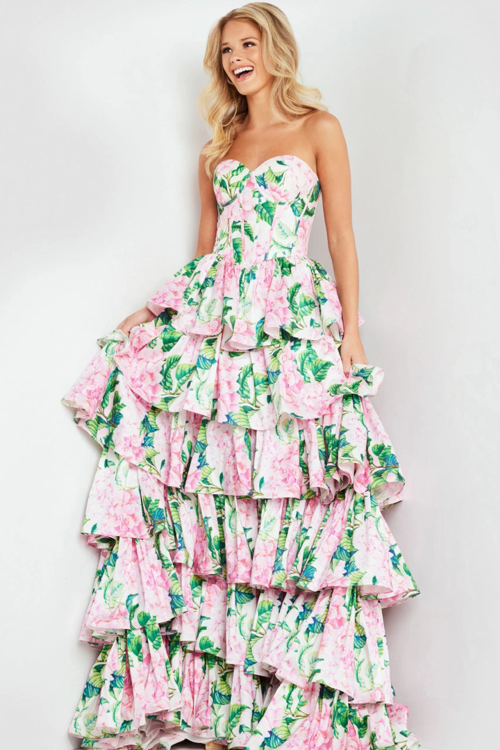 Jovani 37058 Satin Floral Print Ruffles Strapless Long Gown