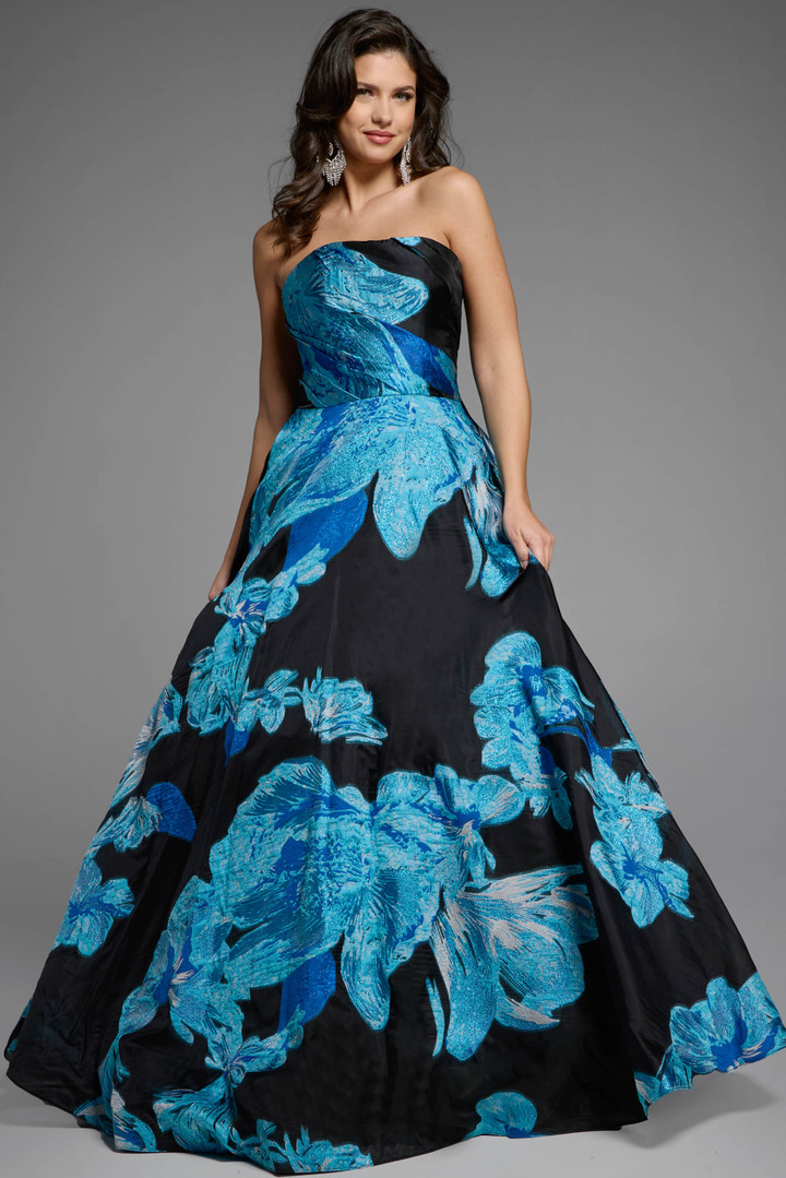 Jovani 42436 Mikado Floral Printed Straight Strapless Gown