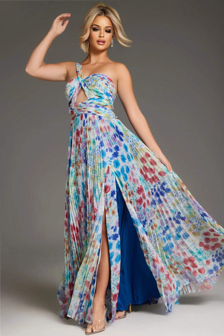 Jovani 38689 Print One-Shoulder Sleeveless Pleated Gown