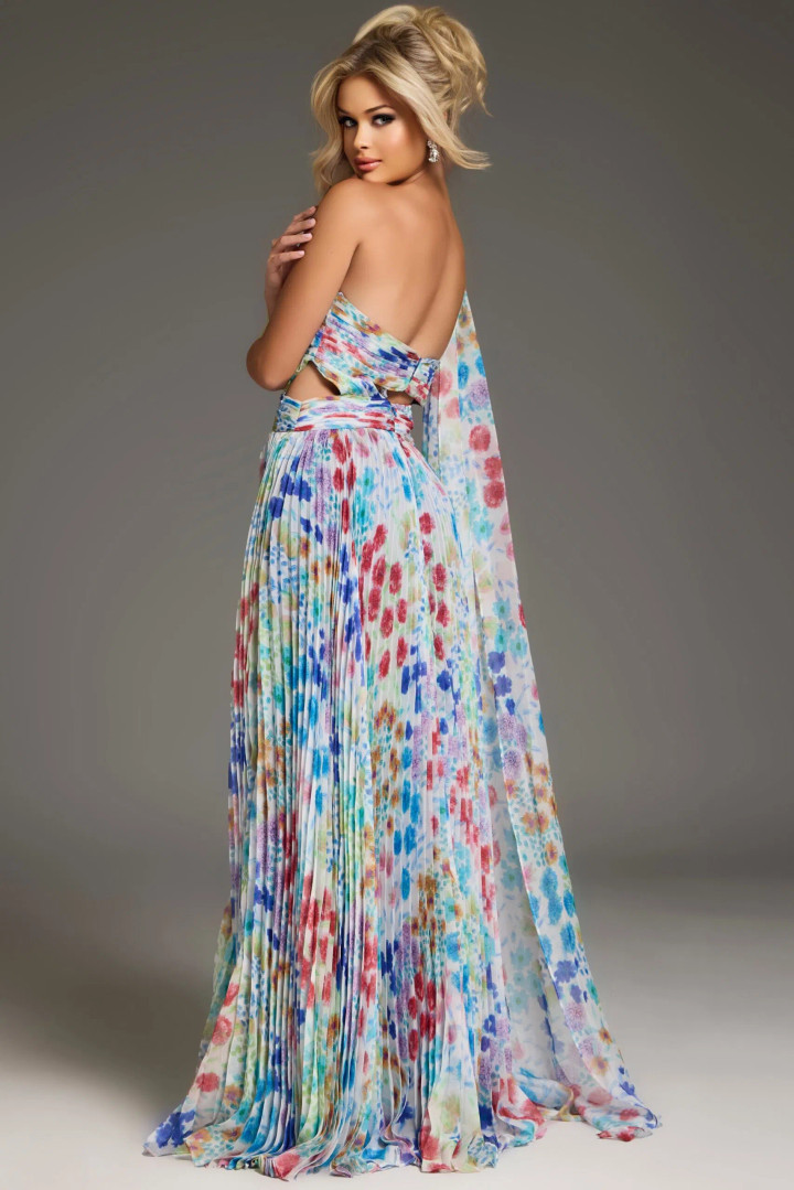 Jovani 38689 Print One-Shoulder Sleeveless Pleated Gown