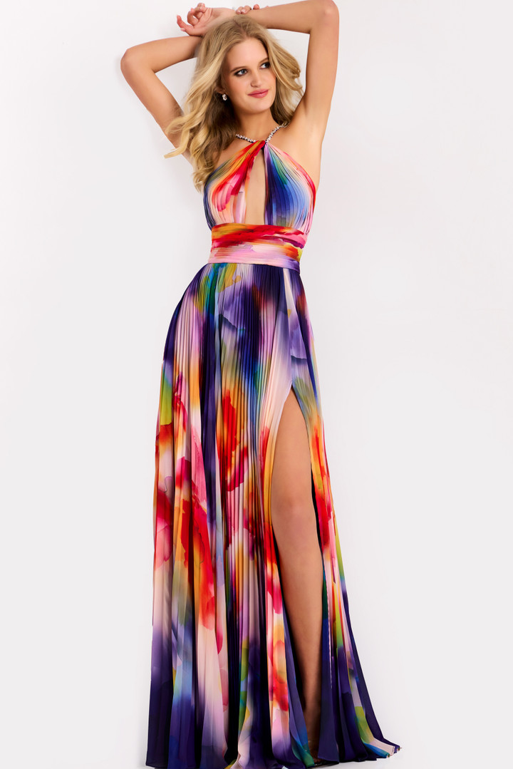 Jovani 42717 Chiffon Print Halter Neck Sleeveless Prom Gown