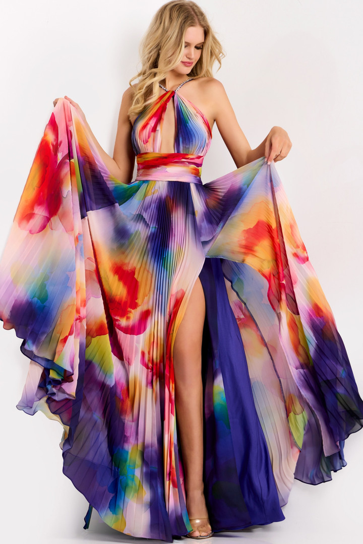 Jovani 42717 Chiffon Print Halter Neck Sleeveless Prom Gown