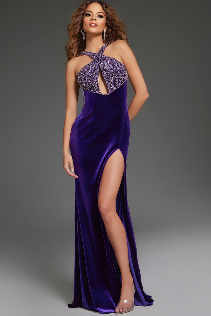 Jovani 38951 Beaded Halter Neck Sleeveless High Slit Gown